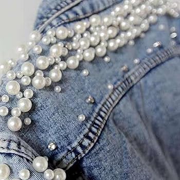 HGKPFGTF Black,S, Women's Pearls Denim Jacket Long Sleeve